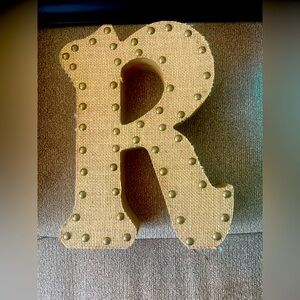 Hobby Lobby Burlap Letter R with Gold Accents NWT. Smoke Free Home.